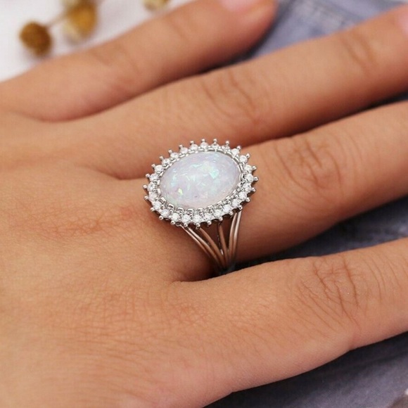 💍NEW HUGE OPAL DIAMOND HALO STERLING SILVER RING - Picture 2 of 6